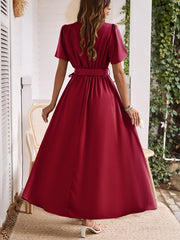 style solid color lace-up slit dress