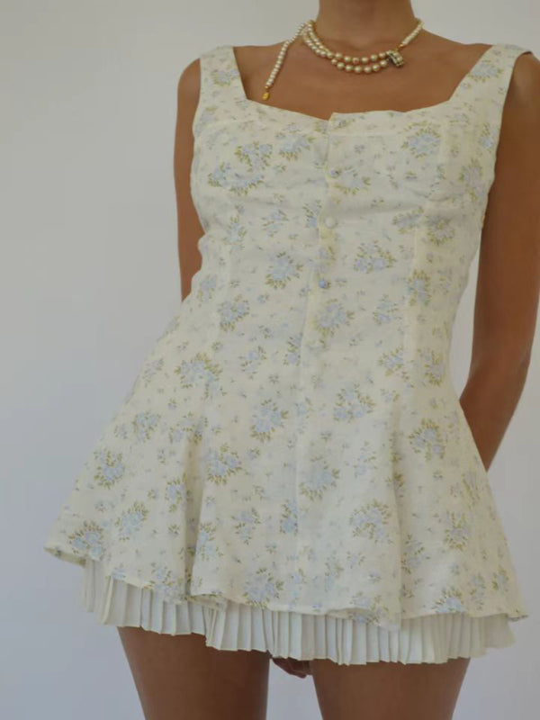 style comfortable, casual and sexy small floral hem pleated suspender dress
