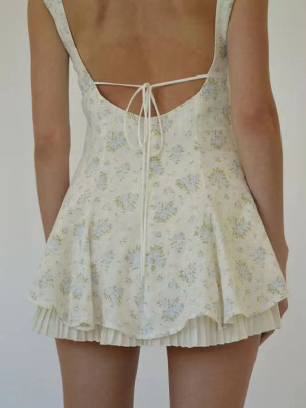 style comfortable, casual and sexy small floral hem pleated suspender dress