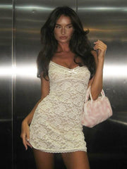 sexy hottie lace see-through dress with hollow straps and hip-covering short style