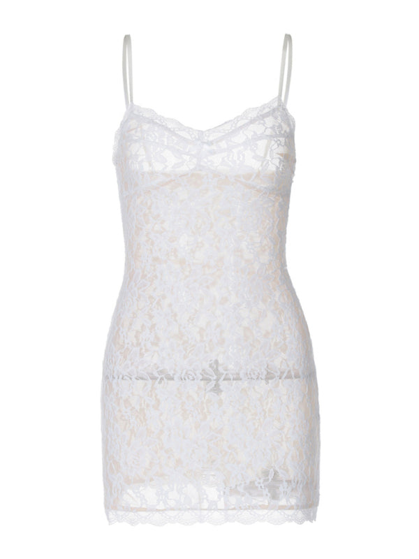 sexy hottie lace see-through dress with hollow straps and hip-covering short style