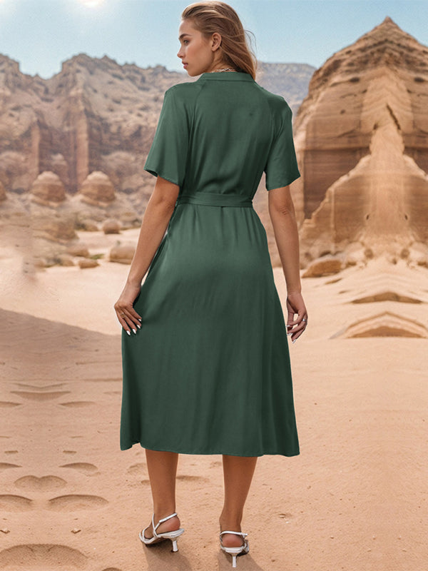 style lapel single breasted green dress