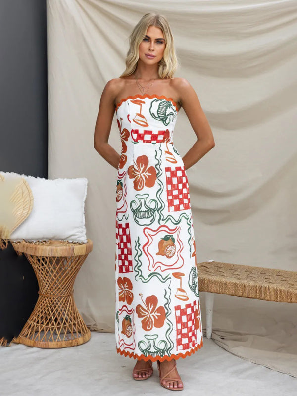 style breast-wrapped pleated casual printed dress