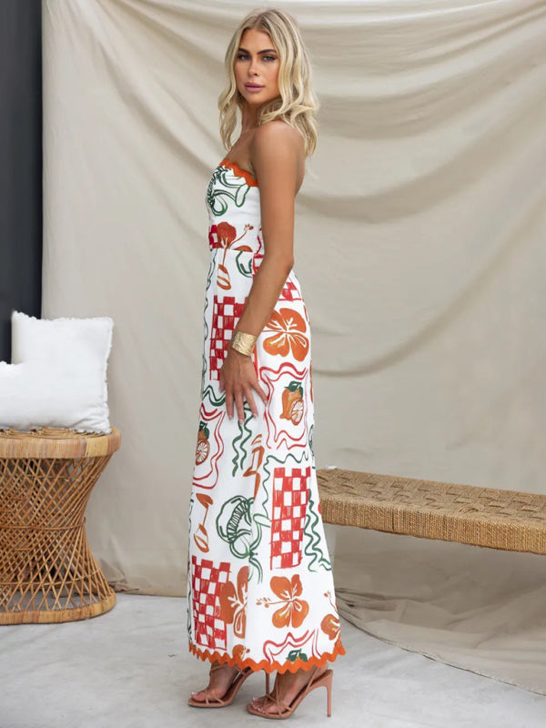style breast-wrapped pleated casual printed dress