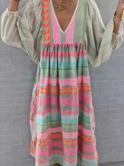 pullover deep V-neck loose puff sleeve colorful casual dress