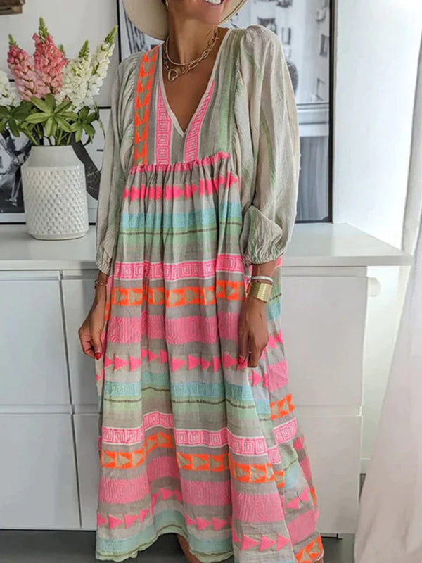 pullover deep V-neck loose puff sleeve colorful casual dress