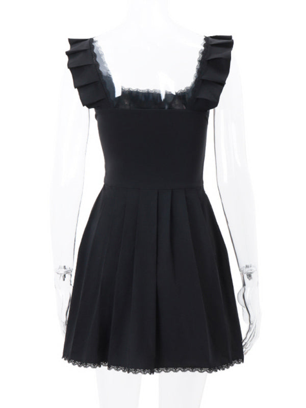 French Style Square Neck Fishbone Corset Dress with Fungus Trim