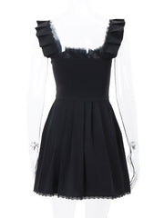 French Style Square Neck Fishbone Corset Dress with Fungus Trim