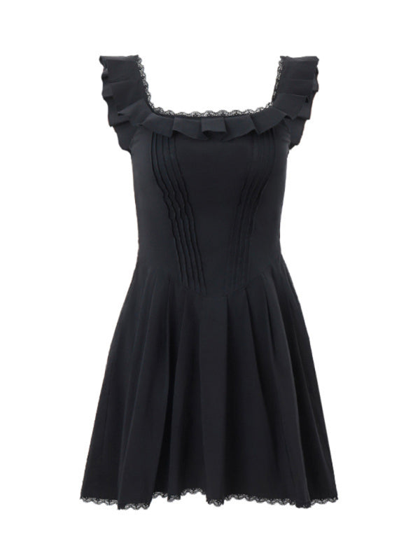 French Style Square Neck Fishbone Corset Dress with Fungus Trim