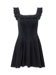French Style Square Neck Fishbone Corset Dress with Fungus Trim