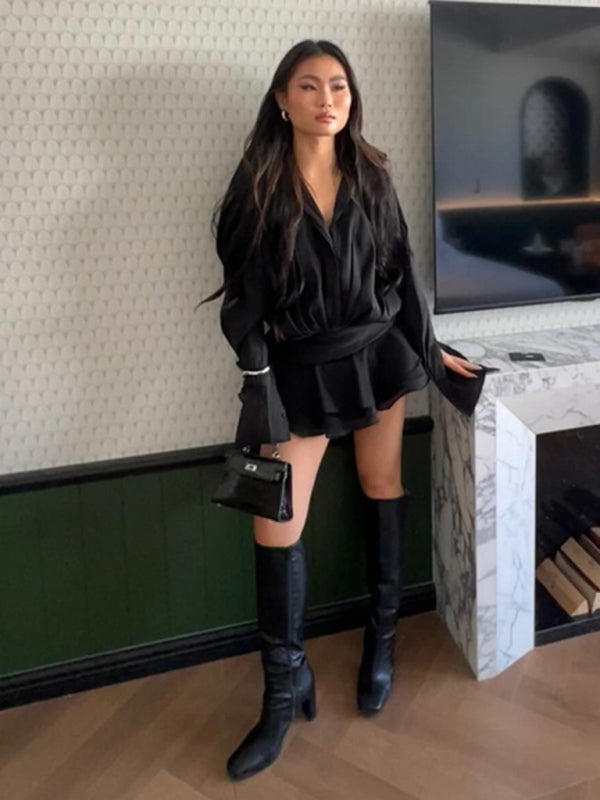 ruffled white V-neck shirt dress hot girl skirt