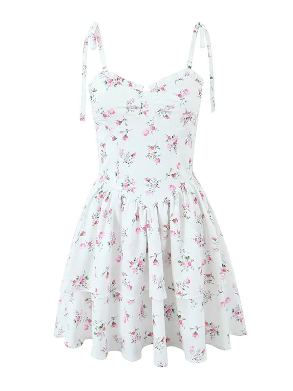 Lace printed lace-up layered waist suspender dress