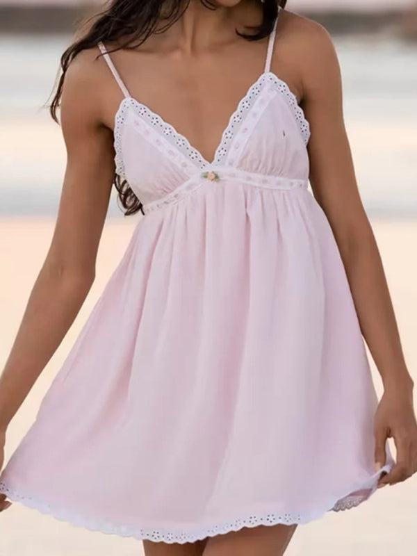 lace sexy lace sweet and pure French V-neck suspender short dress