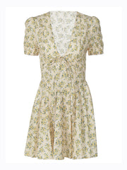 Sexy Deep V Slim Waist Short Sleeve Medium Pleated Floral Dress
