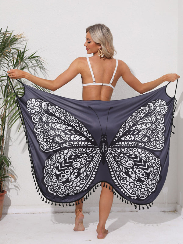 holiday style butterfly print suspender dress strappy backless beach skirt