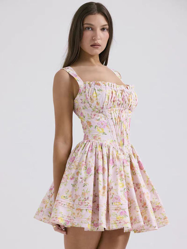 sexy and elegant floral print suspender waist dress