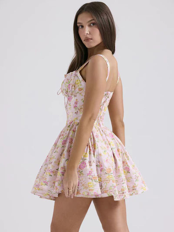 sexy and elegant floral print suspender waist dress
