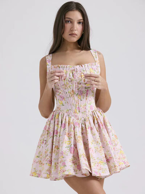 sexy and elegant floral print suspender waist dress