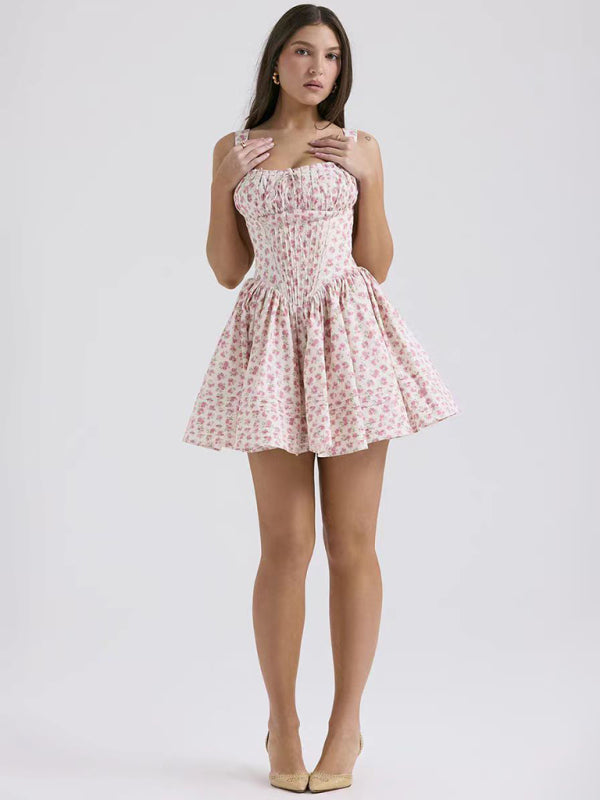 sexy and elegant floral print suspender waist dress