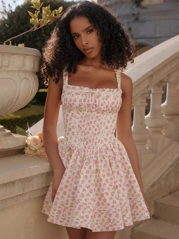 sexy and elegant floral print suspender waist dress