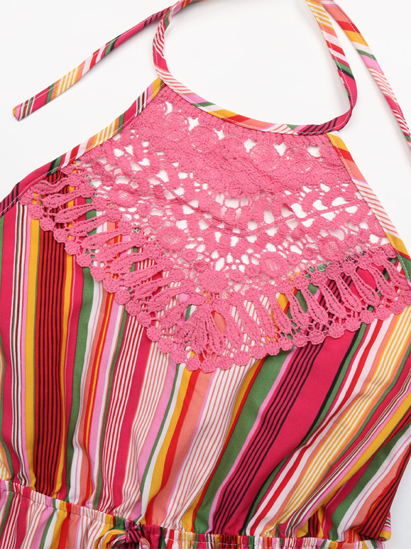 sleeveless lace splicing skirt foreign trade halterneck striped print dress