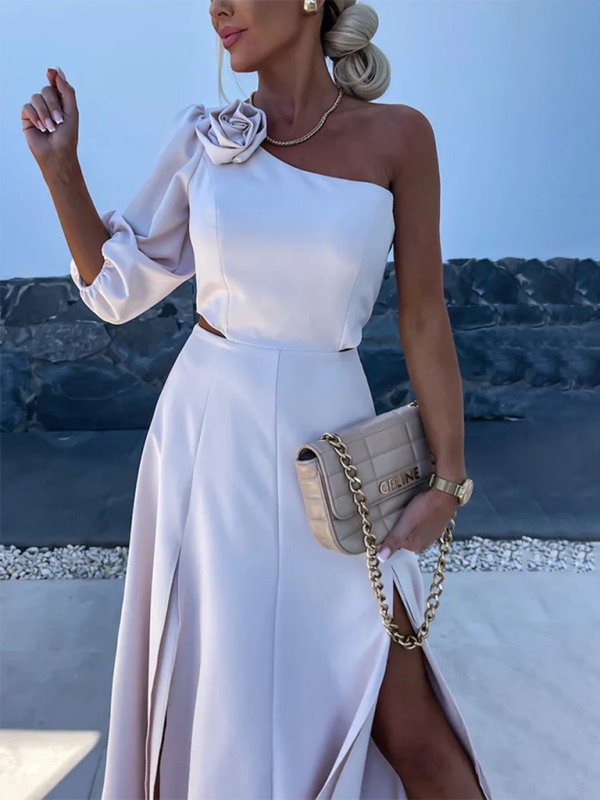 casual party slanted shoulder slit double layer dress