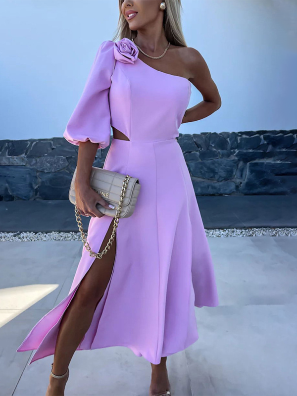 casual party slanted shoulder slit double layer dress
