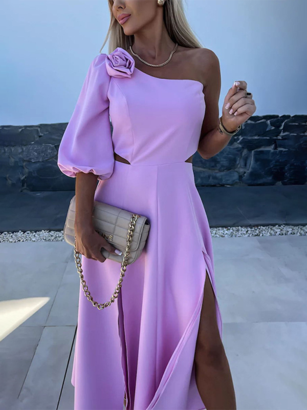 casual party slanted shoulder slit double layer dress