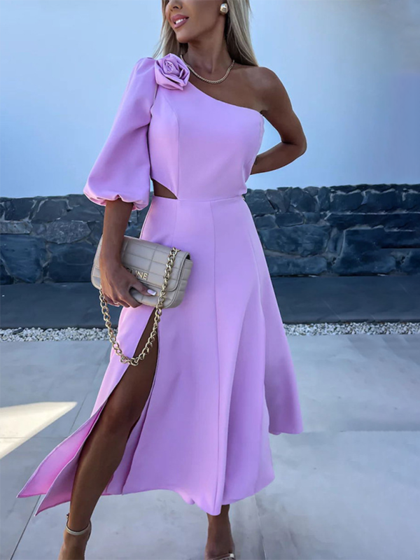 casual party slanted shoulder slit double layer dress