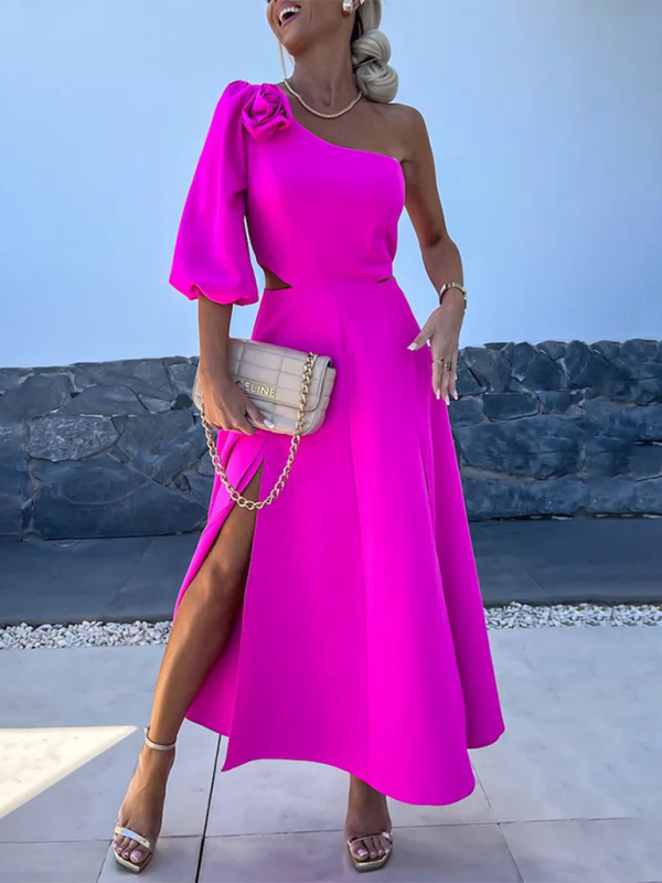 casual party slanted shoulder slit double layer dress