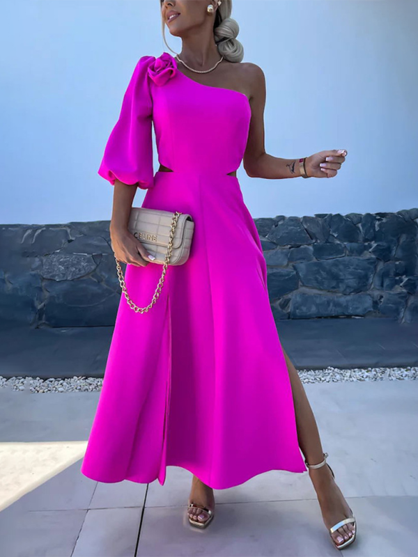 casual party slanted shoulder slit double layer dress