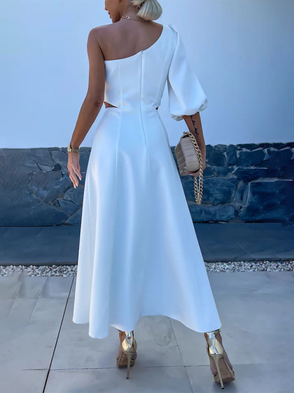 casual party slanted shoulder slit double layer dress