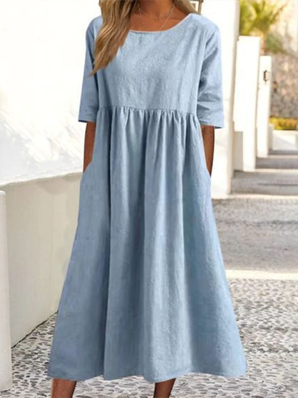 round neck 5-quarter sleeves large size casual loose long solid color dress