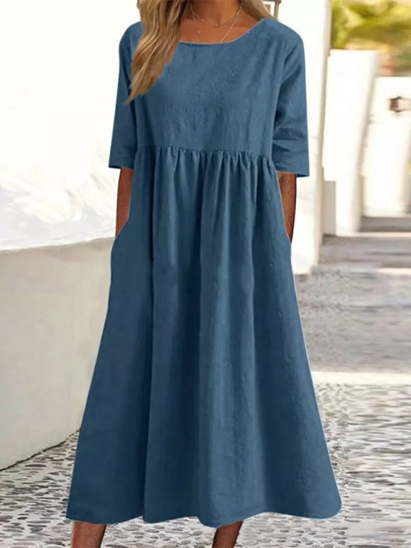 round neck 5-quarter sleeves large size casual loose long solid color dress