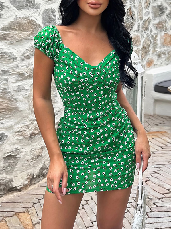 style versatile slim fit short V-neck floral dress