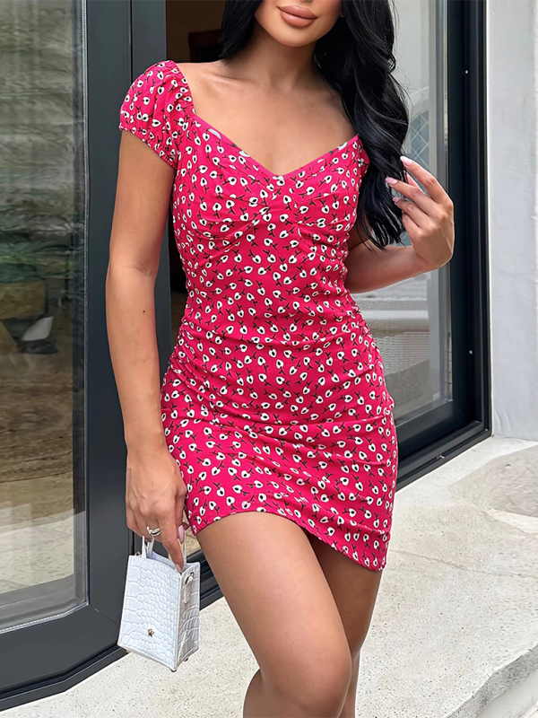 style versatile slim fit short V-neck floral dress