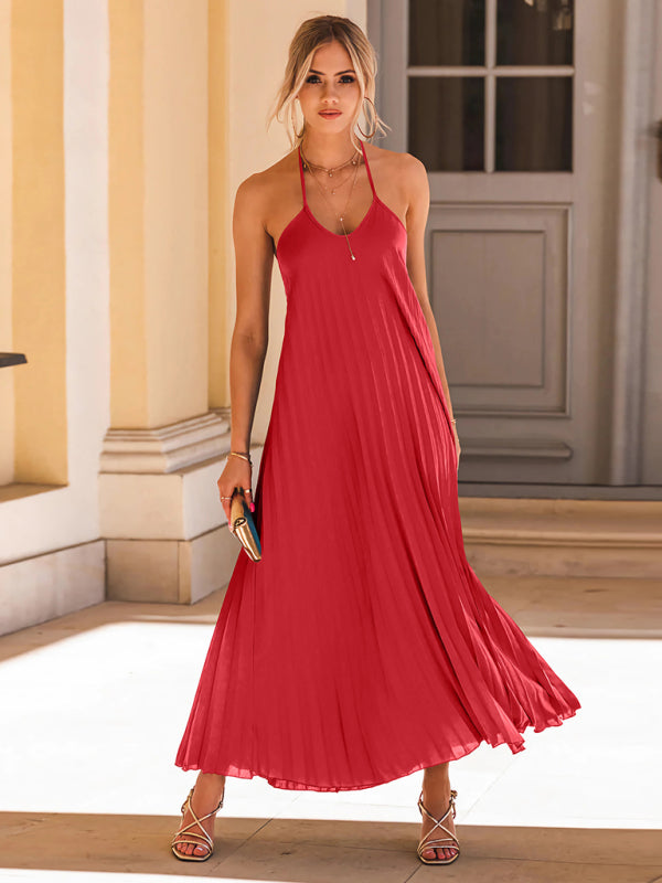 A-hem pleated beach vacation long dress