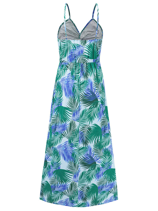 style suspender v-neck printed elegant A-line long dress