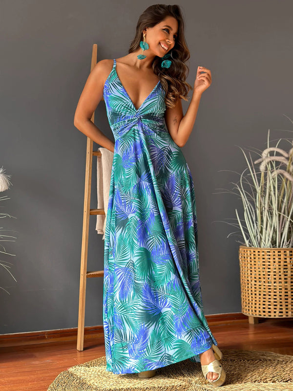 style suspender v-neck printed elegant A-line long dress