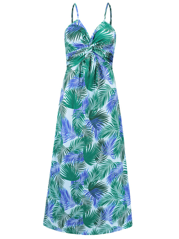 style suspender v-neck printed elegant A-line long dress