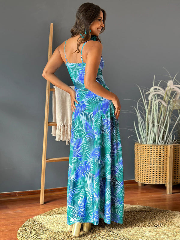 style suspender v-neck printed elegant A-line long dress