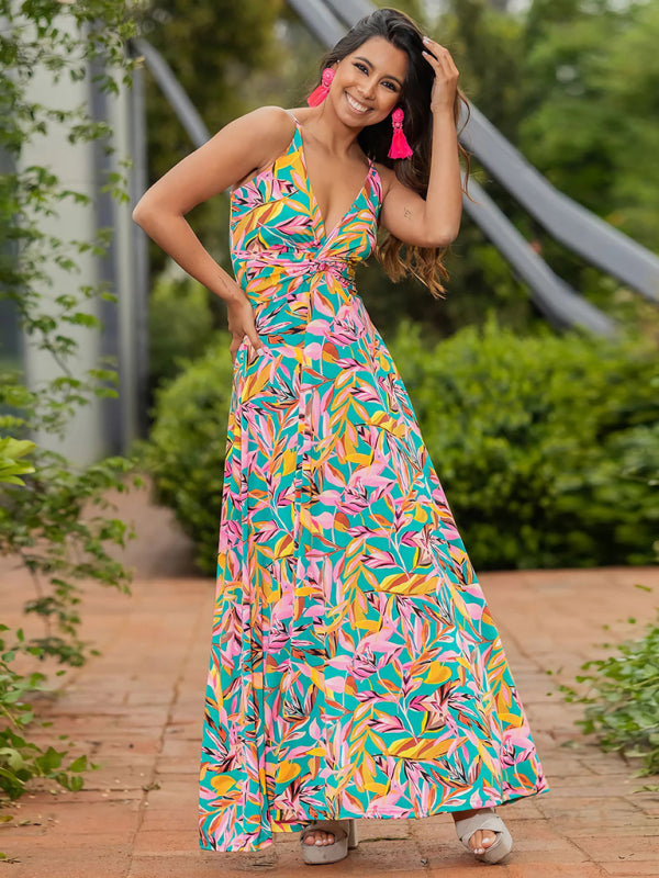 style suspender v-neck printed elegant A-line long dress