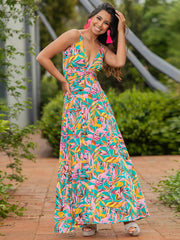 style suspender v-neck printed elegant A-line long dress