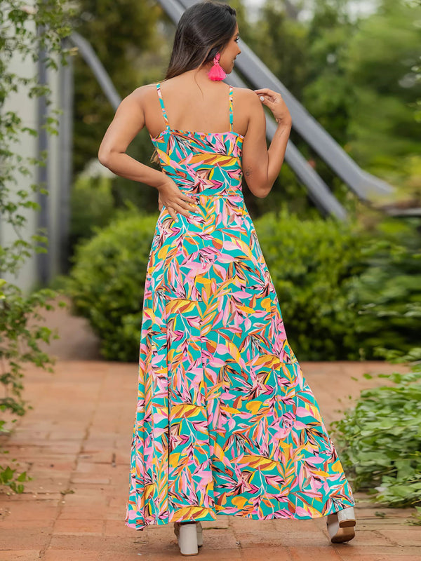 style suspender v-neck printed elegant A-line long dress