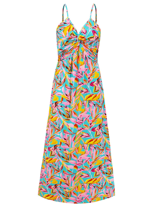 style suspender v-neck printed elegant A-line long dress