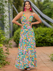style suspender v-neck printed elegant A-line long dress