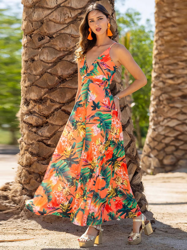 style suspender v-neck printed elegant A-line long dress