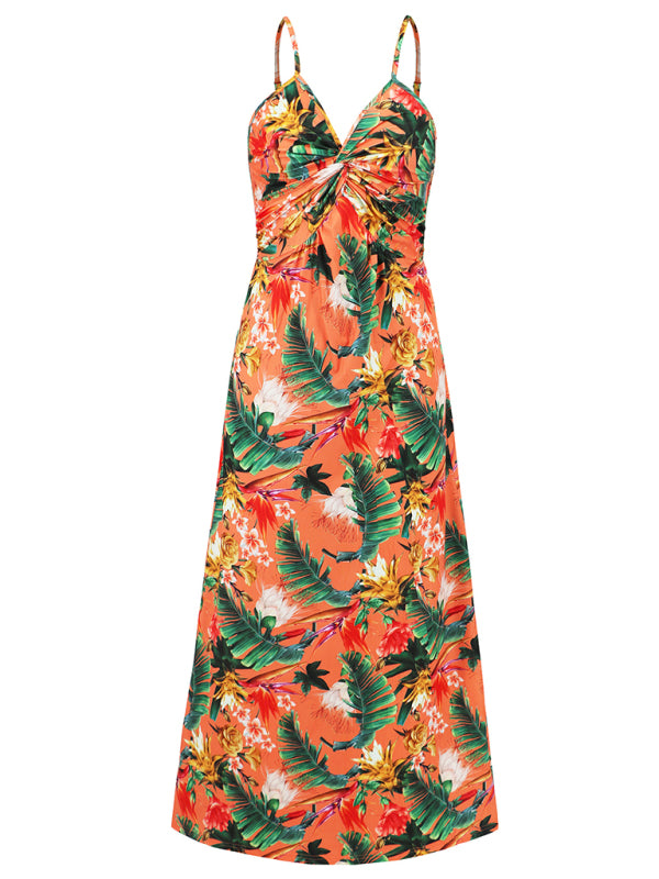 style suspender v-neck printed elegant A-line long dress