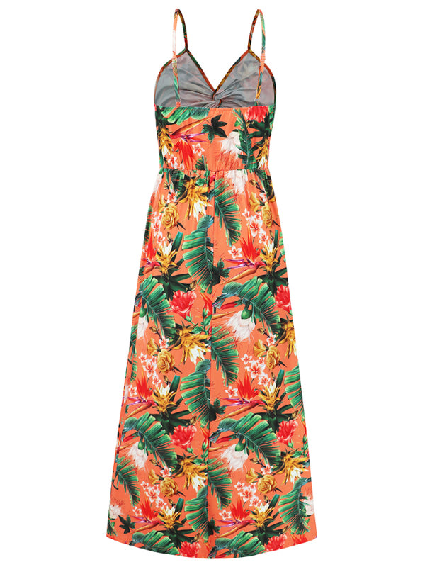 style suspender v-neck printed elegant A-line long dress