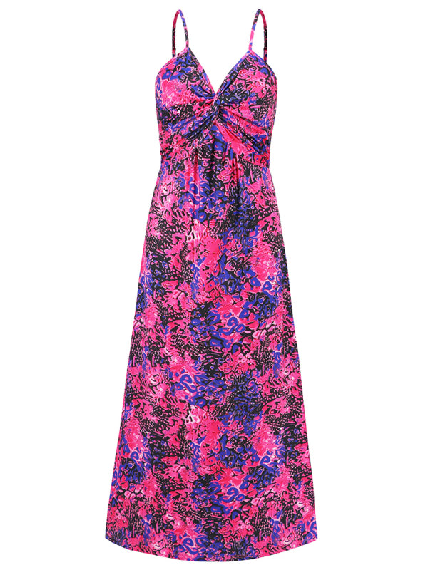 style suspender v-neck printed elegant A-line long dress